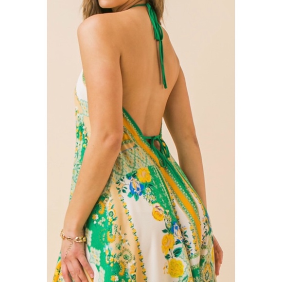 Flying Tomato Green & Ivory Patchwork Print Hanky Hem Halter Dress - Picture 3 of 9